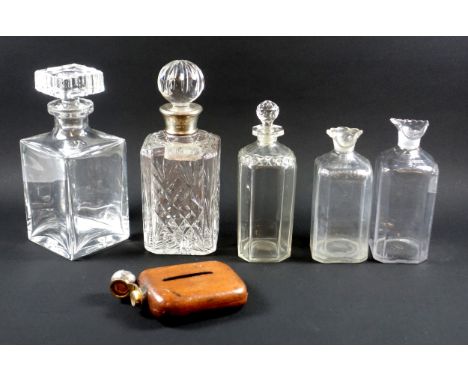 2 Regency square glass decanters, each with a lipped rim, tallest H.19cm (chip to rim); taller decanter with later stopper, p