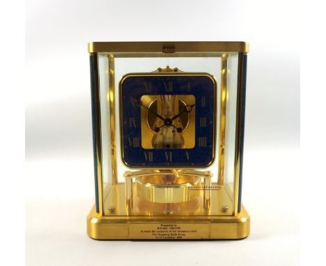 Jaeger-LeCoultre Atmos timepiece with a square blue enamel chapter ring with gilt Roman numerals, enclosing a 400 day movemen