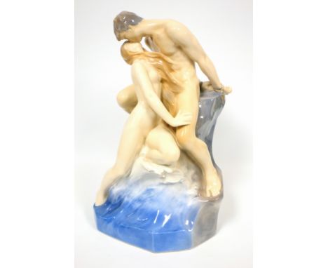 Theodor Lundberg for Royal Copenhagen,'The Wave and Rock' sculpture, model no. 1132, designed 1897, produced 1969-1974 Glazed