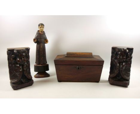 William IV rosewood sarcophagus shaped tea caddy with 2 covered compartments, W.25.3cm; pair of carved oak cherubs, H.18.8cm,