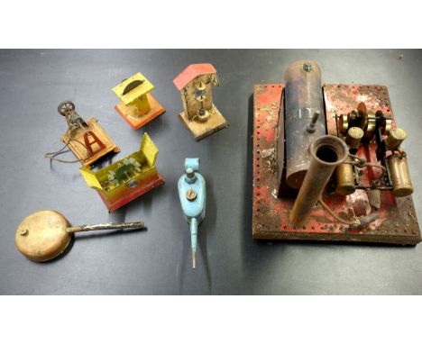 Bowman model M122 tin plate stationary steam engine with horizontal boiler and twin cylinder engine, (fire box missing), W.28