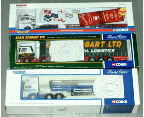 Corgi, a boxed group of 1:50 scale Truck/Trailer models to include CC13406 MAN TGA XXL Box Trailer "Saints Transport" and oth