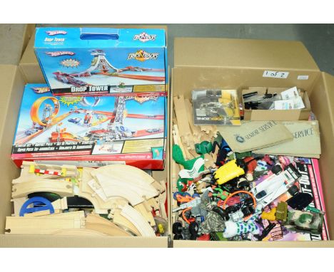Hotwheels &amp; Similar - a boxed and unboxed group to include a Hotwheels Drop Tower, wood constructed train set, Action Man