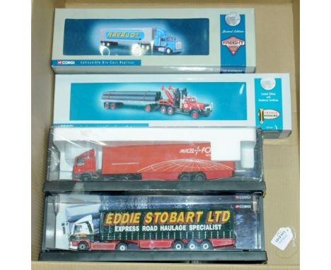 Corgi, a boxed group of 1:50 scale articulated truck/trailer models to include 55802 Kenworth W925 Semi Box Container "Navajo