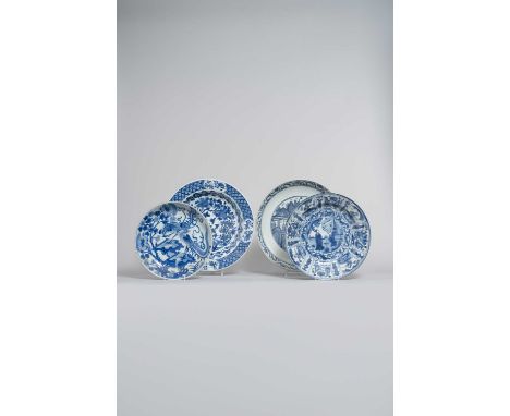 FOUR CHINESE BLUE AND WHITE DISHESMING AND QING DYNASTYVariously painted with figures, flowers, phoenix, and a watery landsca