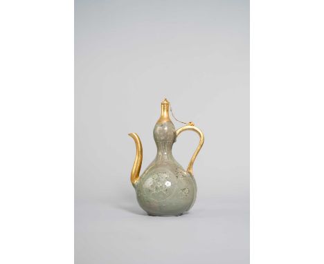 A TALL KOREAN SANGGAM INLAID CELADON EWER KORYO DYNASTY, 12TH/13TH CENTURY  The bottle of double-gourd form with a narrow wai