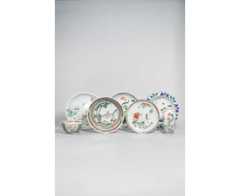 FIVE CHINESE FAMILLE VERTE DISHES, AN OVOID VASE AND A BOWL KANGXI 1662-1722  One dish decorated with Laozi and inscribed yao