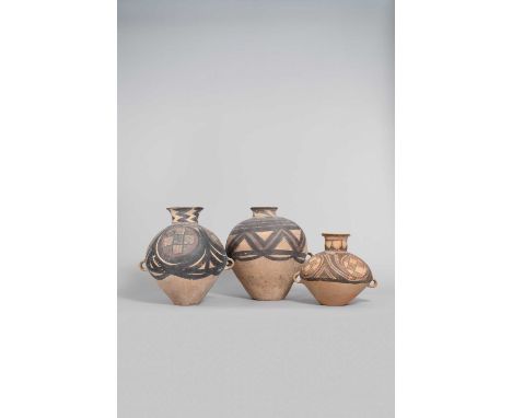 THREE CHINESE POTTERY VASESNEOLITHIC OR LATERThe rounded bodies with loop handles and painted with geometric designs, in blac