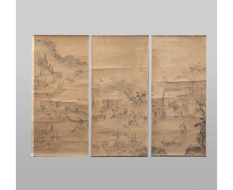 SHANGGUAN ZHUZHUANGFISHERMEN Three Chinese scroll paintings, ink and colour on paper, all with title slips, together with fiv
