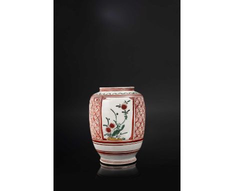 A RARE JAPANESE KO-IMARI JAR EDO PERIOD, C.1660-70  The cylindrical body decorated in iron-red, green, black and yellow ename