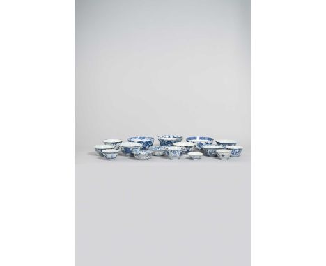 SIXTEEN CHINESE BLUE AND WHITE BOWLS LATE MING AND QING DYNASTY  Variously decorated with figures, animals, flowers, landscap