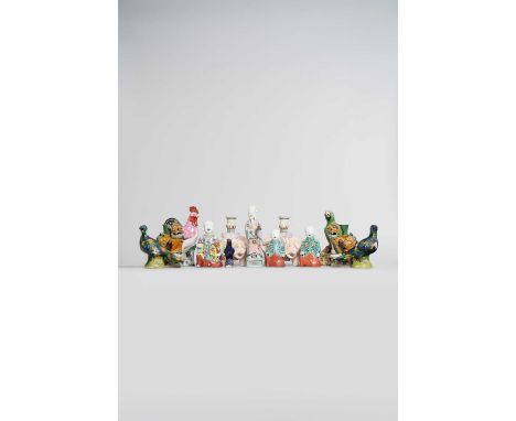A COLLECTION OF CHINESE MODELS OF BIRDS, FIGURES AND ANIMALS18TH CENTURY AND LATERComprising: a pair of egg and spinach-glaze