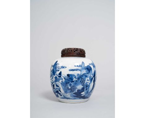 A CHINESE BLUE AND WHITE OVOID 'QILIN' JAR KANGXI 1662-1722Painted with two large panels enclosing qilin standing on rocks am