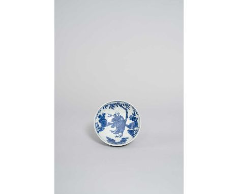 A CHINESE BLUE AND WHITE WARMER BOWL LATE MING DYNASTYThe interior painted with Dong Fangshuo holding an enormous peach he ha