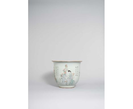 A CHINESE FAMILLE ROSE JARDINIERELATE QING DYNASTY/ REPUBLIC PERIODPainted with four scholarly beauties, one playing a qin, a