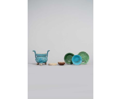 SIX VARIOUS CHINESE CERAMIC ITEMS PROBABLY LIAO DYNASTY AND LATERComprising: a turquoise-glazed moulded tripod incense burner