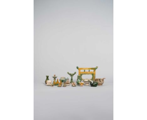 A COLLECTION OF CHINESE POTTERY BURIAL ITEMSMING DYNASTY AND LATERComprising: three vases, five dishes of food, a model of a 