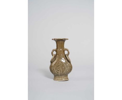 A CHINESE LONGQUAN CELADON 'SHOU CHARACTER' VASE YUAN DYNASTY  The flattened pear-shaped body with ring handles and moulded t