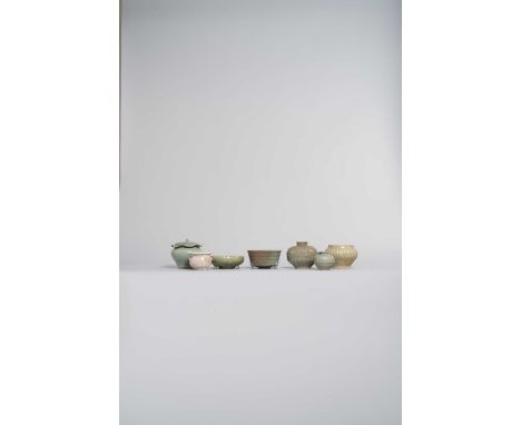 SEVEN CELADON VESSELSSONG DYNASTY AND LATERComprising: two incense burners, two moulded ovoid jars, two small guan, one with 