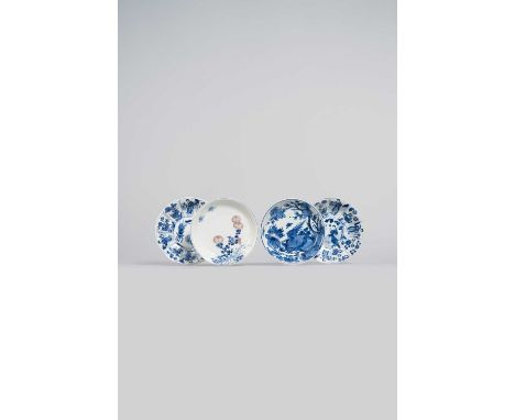 FOUR CHINESE DISHES  KANGXI 1662-1722Comprising: a pair of blue and white moulded dishes painted with panels of young ladies 