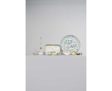 A COLLECTION OF CHINESE PAINTED ENAMEL ITEMSQING DYNASTY/REPUBLIC PERIODComprising: a large dish with figures beneath castell