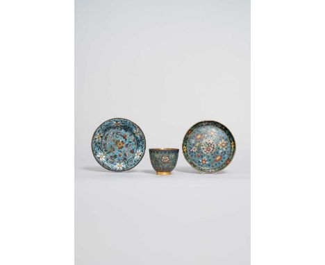 TWO CHINESE CLOISONNE ENAMEL DISHES AND A U-SHAPED CUP MING AND QING DYNASTYOne dish decorated with two cranes amidst flowers