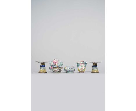 A COLLECTION OF CHINESE PAINTED ENAMEL ITEMSQING DYNASTYComprising: a turquoise box and cover, two yellow-ground stands, a cu