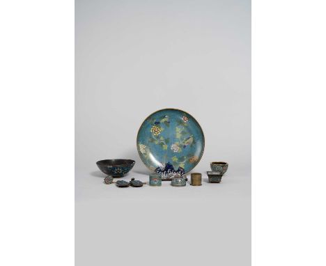 A COLLECTION OF CHINESE CLOISONNE ENAMEL ITEMS MING AND QING DYNASTYComprising: a dish, a bowl, a mountain brush rest, a belt