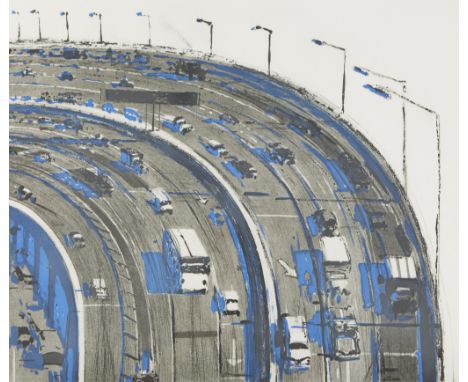 Wayne Thiebaud (American, 1920-2021). Etching and aquatint on paper titled "Freeway Curve" depicting a busy highway curving f