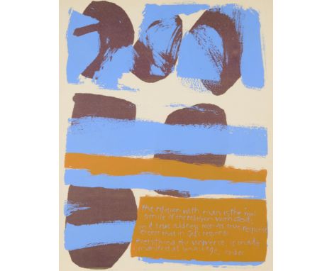 Sister Corita Kent, IHM (American, 1918-1974). Silkscreen print on paper titled "Manifest as Language" depicting a quote in a