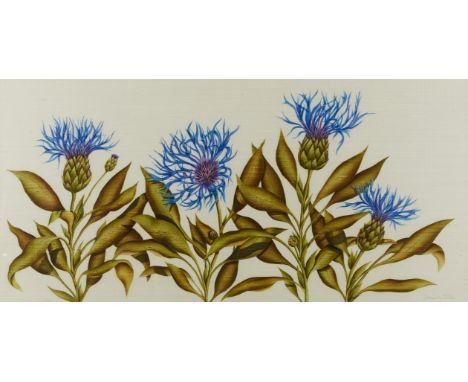 Deborah Falls (American, 20th/21st c). Silk dyes on Indian Dipion silk titled "Cornflowers" depicting four of the eponymous b