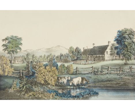 Currier and Ives, United States. Hand-colored lithograph titled "An American Farm Scene: In the Olden Time," depicting a rura