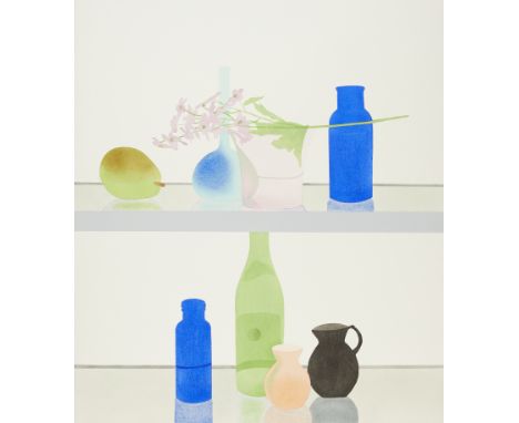 Elizabeth Osborne (American, b. 1936). Screenprint on paper print titled "Winter Still Life" depicting two shelves with glass