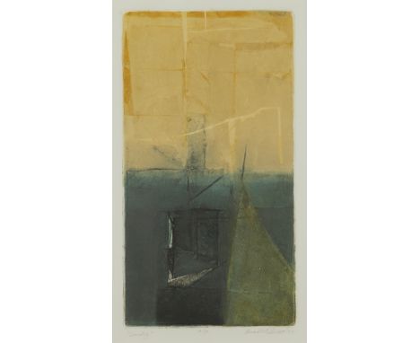 Brad Widness (American, 20th/21st c). Collagraph and stencil color on paper titled "Landing" depicting a scene of a ship comi