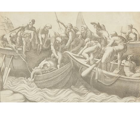 Adamo Scultori (Italian, 1530-1585) after Giulio Romano (Italian, 1499-1546). Engraving titled "Fisherman Catching a Sea Mons