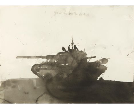 David Rathman (American, b. 1958). Ink or watercolor on paper titled "How the Bells do Toll" depicting a silhouette of a tank