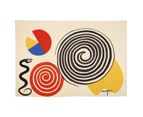 Alexander Calder (American, 1898-1976) for Pinton, France. Hand-woven wool tapestry titled "Le Poire, Le Fromage, et Le Serpe