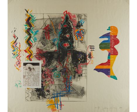 Terence David La Noue (American, b. 1941). Large mixed media on paper collage titled "Water Spirit" depicting a colorful abst
