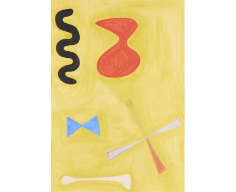 Alexander Calder (American, 1898-1976). Gouache on paper painting titled "Pinwheel &amp; Hourglass" depicting abstracted amor