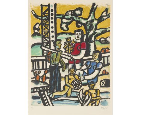 Fernand Leger (French, 1881-1955). Lithograph titled "Le Campeur" depicting five figures gathered at a pool or beach, 1976. P
