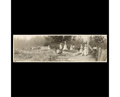 Gelatin silver print panoramic photograph depicting the grave of Chief Seattle in Washington, 1914. Captioned in negative alo