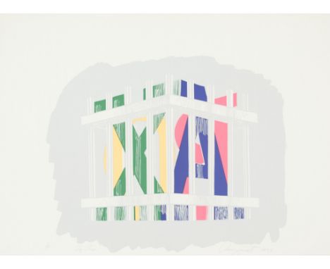 James Rosenquist (American, 1933-2017). Screenprint in colors on wove paper titled "Toy Prison" depicting color shapes trappe