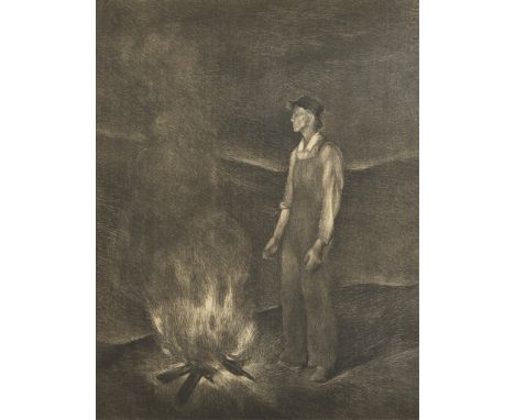Mabel Wellington Jack (American, 1899-1975). Lithograph on paper titled "Farm Lad" depicting a figure standing next to a fire