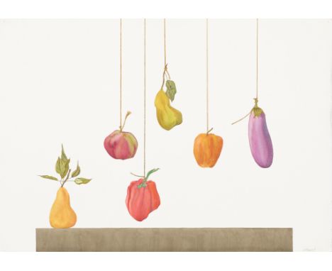 Ed Baynard (American, 1940-2016). Watercolor on paper painting titled "Homage to Early Spanish Painting" depicting vegetables
