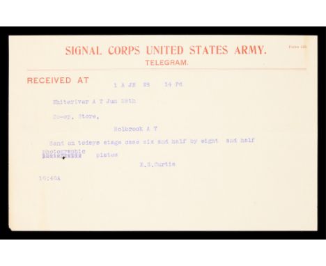 Telegram from Edward Curtis (American, 1868-1952). Received by the Signal Corps United States Army. The telegram reads:Receiv