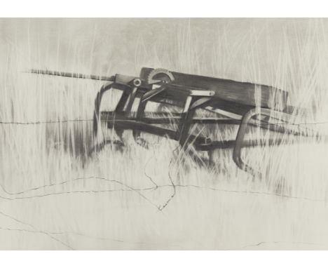 Shirley Cleary (American, b. 1942). Graphite on paper drawing depicting a piece of farming equipment abandoned in tall prairi