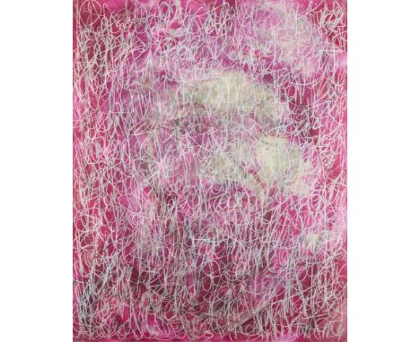 Anne Labovitz (American, 20th/21st c). Mixed media painting titled "Pink Letter Painting" depicting an abstract artwork in vi
