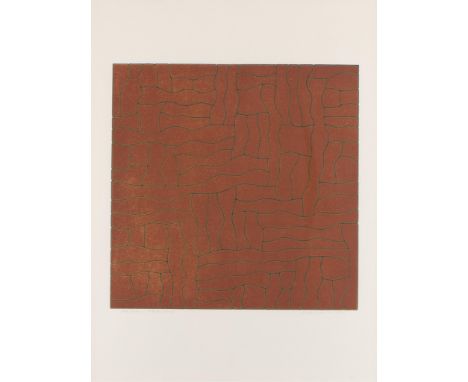 George Morrison (Ojibwe, 1919-2000). Lithograph on paper titled "Red Cube" depicting undulating interlocking forms, reminisce