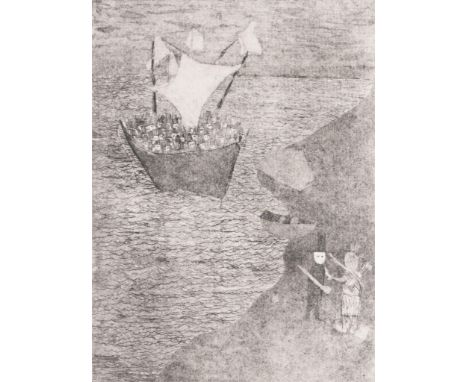 Doug Argue (American, b. 1962). Lithograph on paper depicting figures aboard a ship, possibly depicting the arrival of the Ma