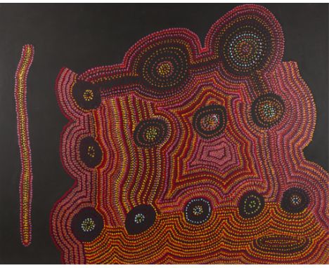 Jeanie Lewis Napangardi (Australian Aboriginal, b. ca. 1950). Acrylic on canvas painting depicting bright dots in pink, orang